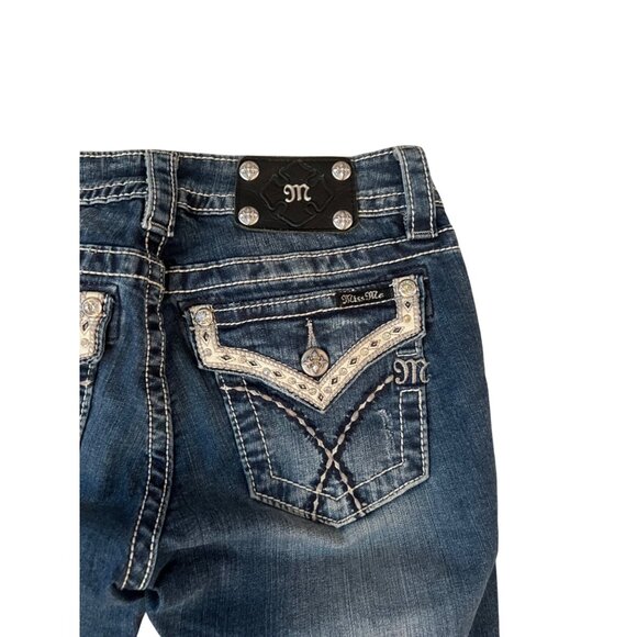 Miss Me Mid Rise Dark Wash Bootcut Jeans Women's Size 27 Embellished Pockets - Picture 1 of 9